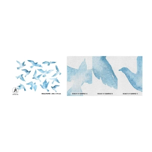 Échantillon de Papier Peint Premium Canvas - Oiseaux bleus - Abstraction, Oiseau, Graphique - 100x30 cm