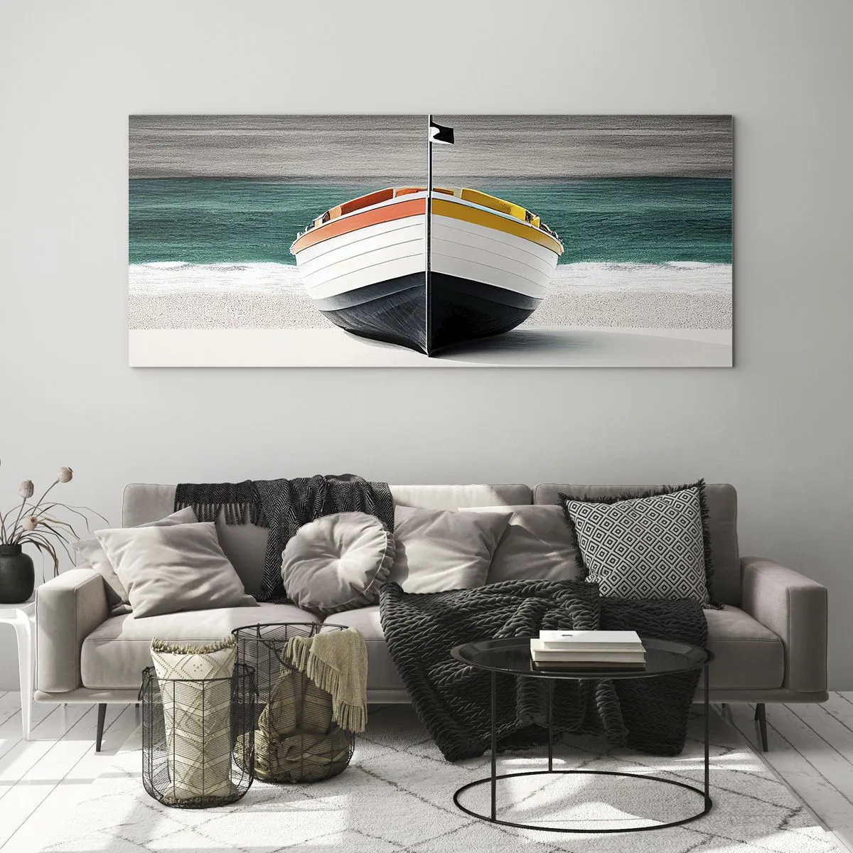 Impression sur verre - Image sur verre - Un bateau sur la plage avec une mer turquoise en arrière-plan - 160x50cm - A sa place - Décoration murale moderne pour le salon et la chambre ARTTOR
