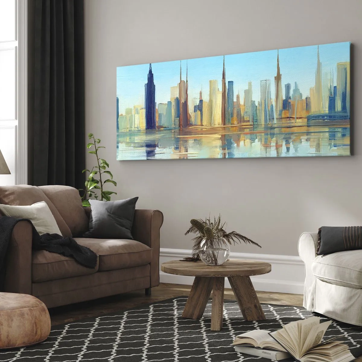 Impression sur toile - Image sur toile - Un panorama de la ville aux couleurs chaudes avec reflet dans l'eau - 140x50cm - Une métropole ensoleillée - Décoration murale moderne pour le salon et la chambre ARTTOR