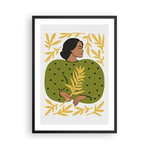 Affiche dans un cadre noir - Poster - Portrait d'une femme en robe verte avec une feuille jaune, avec un motif délicat - 50x70cm - Fille hawaïenne - Décoration murale moderne pour le salon et la chambre ARTTOR
