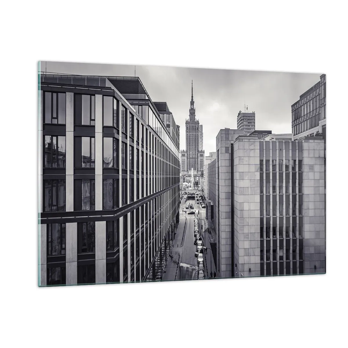 Impression sur verre - Image sur verre - Vue de la ville en noir et blanc avec des gratte-ciel et une rue - 120x80cm - Vallée de Varsovie - Décoration murale moderne pour le salon et la chambre ARTTOR
