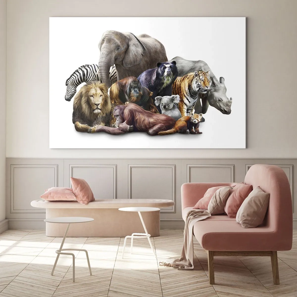 Impression sur verre - Image sur verre - Un groupe d'animaux sauvages sur fond blanc dans une prise de vue artistique - 70x50cm - Photographie de famille africaine - Décoration murale moderne pour le salon et la chambre ARTTOR