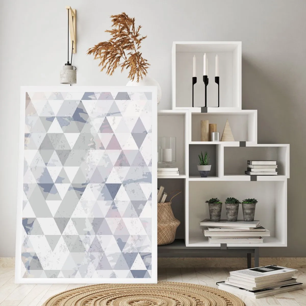 Affiche - Poster - Motif géométrique de triangles dans des tons de gris - 50x70cm - En rythme de trois - Décoration murale moderne pour le salon et la chambre ARTTOR