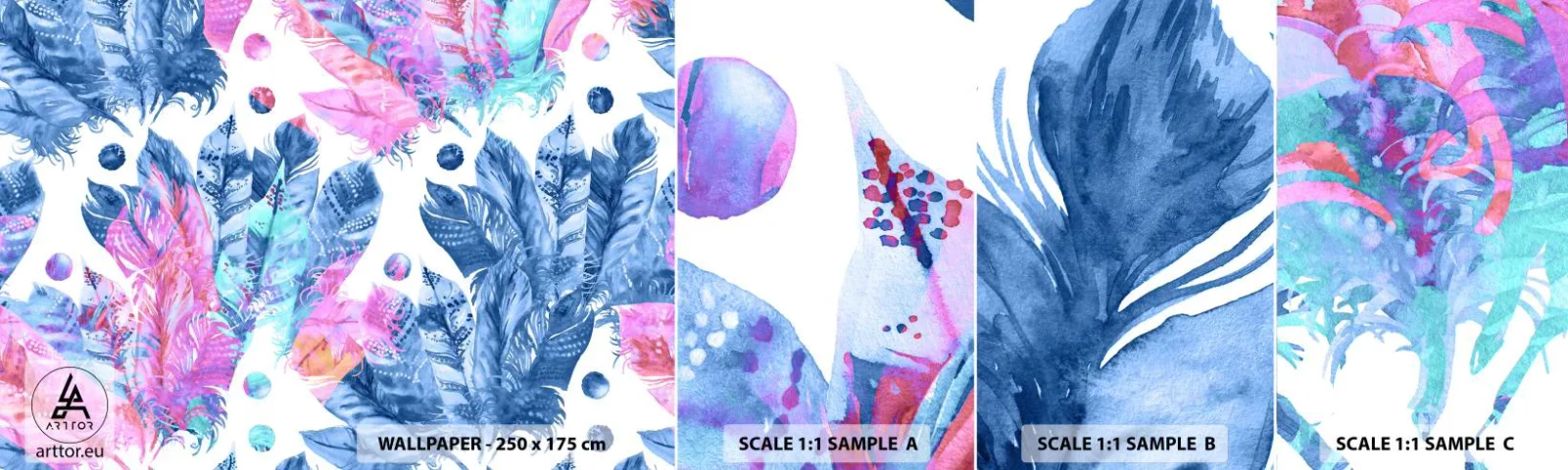 Échantillon De Papier Peint Standard Eco - Plumes en rose et bleu - Plume d'oiseau, Illustration colorée, Graphique - 100x30 cm