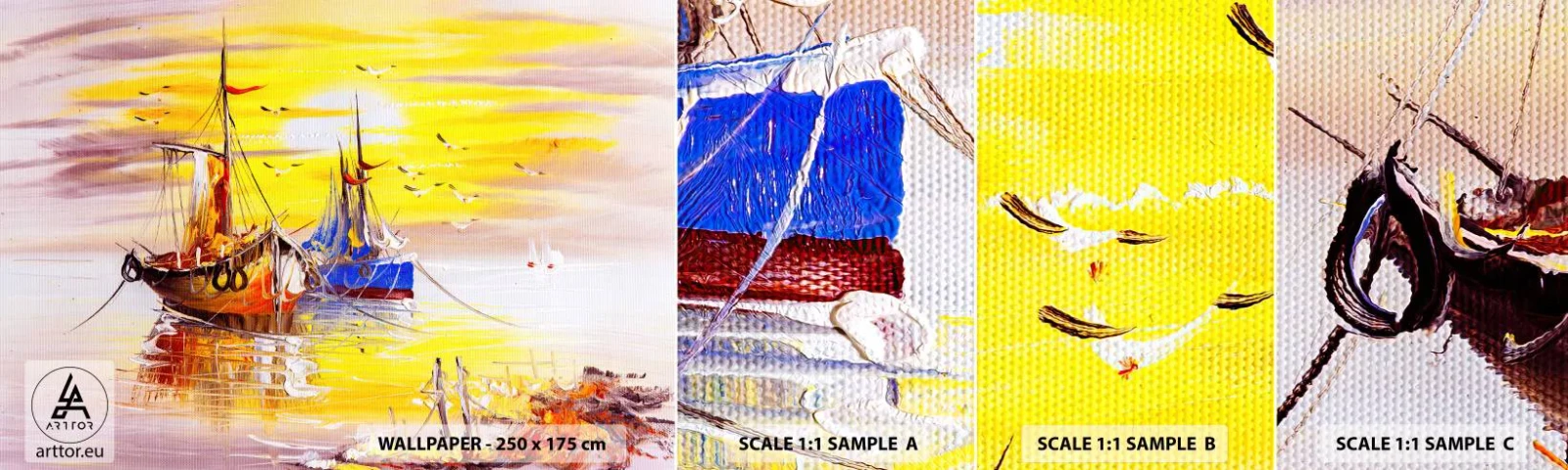 Échantillon de Papier Peint Autocollant Deluxe Sticker - Un repos bien mérité au port - Bateau de pêche, Pêche, Des oiseaux - 100x30 cm