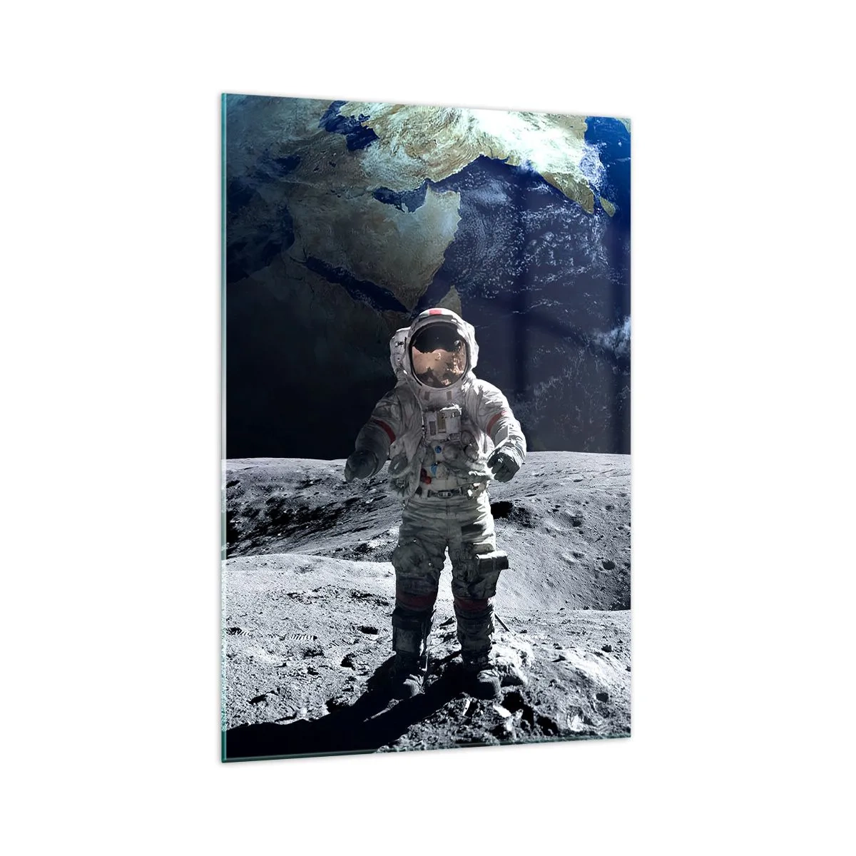 Impression sur verre - Image sur verre - Astronaute à la surface de la Lune avec la Terre en arrière-plan - 70x100cm - Salutations de la lune - Décoration murale moderne pour le salon et la chambre ARTTOR