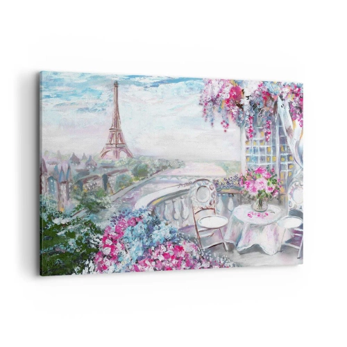 Impression sur toile - Image sur toile - Une vue romantique de Paris avec la Tour Eiffel et un balcon rempli de fleurs - 100x70cm - C'est le plus beau ici en mai - Décoration murale moderne pour le salon et la chambre ARTTOR