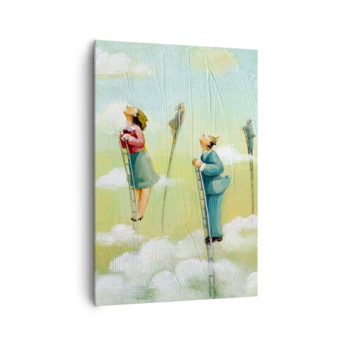Impression sur toile - Image sur toile - Personnages grimpant sur des échelles parmi des nuages sur un fond pastel. - 70x100cm - Derrière ton rêve - Décoration murale moderne pour le salon et la chambre ARTTOR