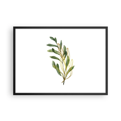 Affiche dans un cadre noir - Poster - Branche verte avec des feuilles sur fond blanc - 70x50cm - Tout ce qui est bon - Décoration murale moderne pour le salon et la chambre ARTTOR