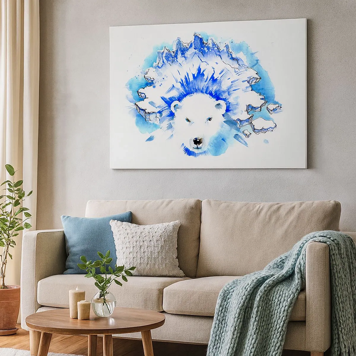 Impression sur toile - Image sur toile - Aquarelle artistique représentant un ours polaire avec un motif glacé - 70x50cm - Le roi de l'Arctique dans une couronne de glace - Décoration murale moderne pour le salon et la chambre ARTTOR