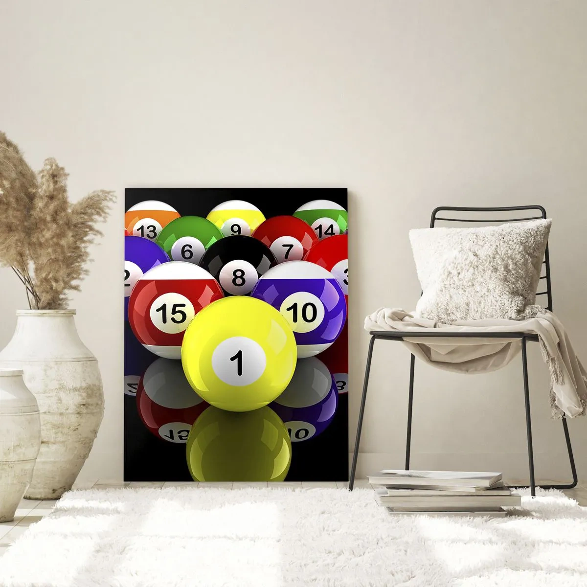 Impression sur verre - Image sur verre - Boules de billard colorées disposées en triangle sur fond noir - 70x100cm - Différentes couleurs de jeu - Décoration murale moderne pour le salon et la chambre ARTTOR