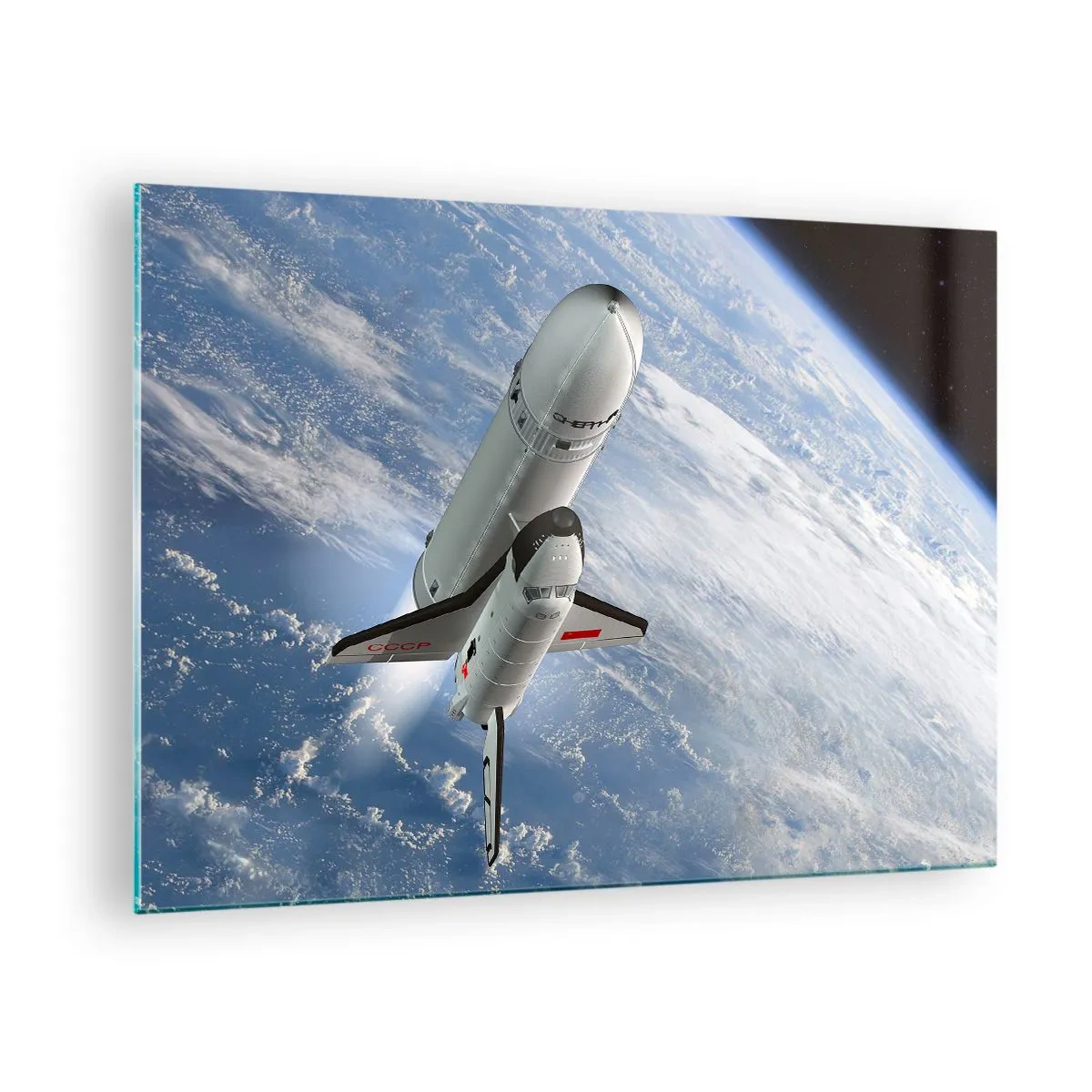 Impression sur verre - Image sur verre - Une navette spatiale décollant dans l'espace avec la Terre en arrière-plan. - 70x50cm - Ascension cosmique - Décoration murale moderne pour le salon et la chambre ARTTOR