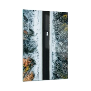 Impression sur verre - Image sur verre - Une route d'hiver à travers une forêt enneigée avec des arbres colorés - 50x70cm - Couper à travers la forêt d'hiver - Décoration murale moderne pour le salon et la chambre ARTTOR