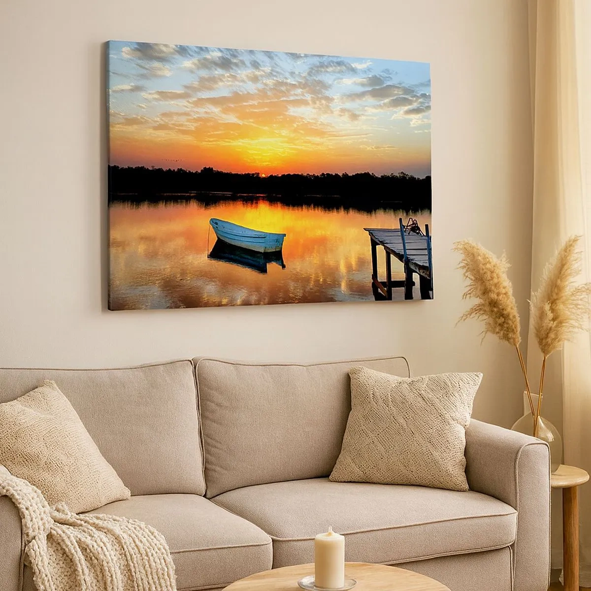 Impression sur toile - Image sur toile - Un bateau sur un lac calme au coucher du soleil - 70x50cm - Regardez, écoutez, méditez - Décoration murale moderne pour le salon et la chambre ARTTOR