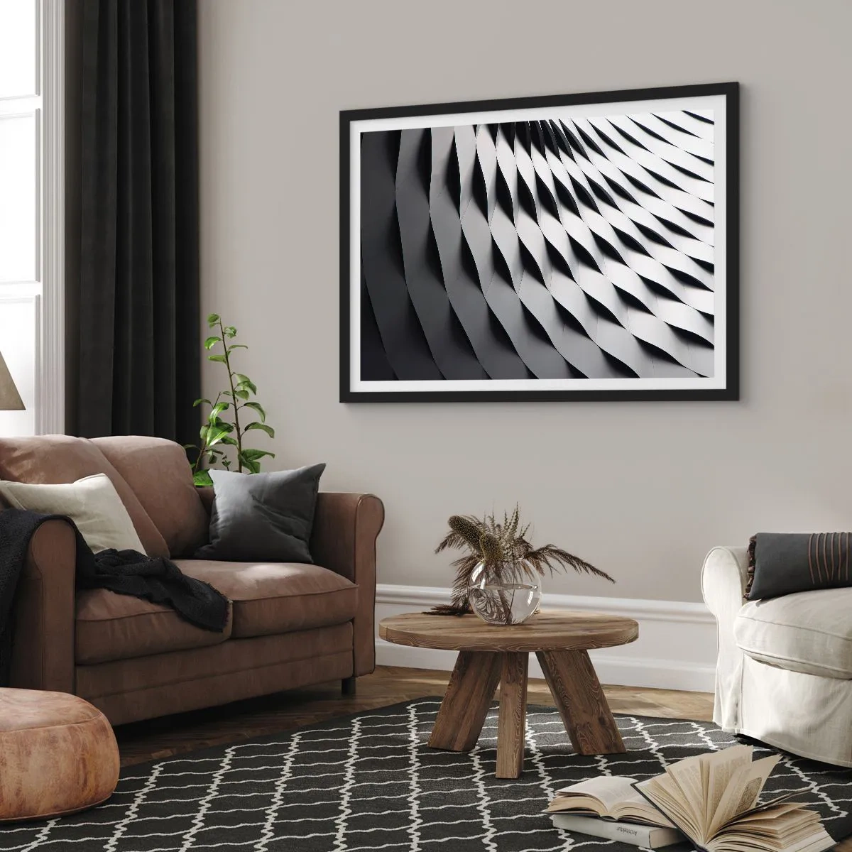 Affiche dans un cadre noir - Poster - Motif géométrique abstrait dans des tons de noir et blanc - 70x50cm - A la surface des vagues - Décoration murale moderne pour le salon et la chambre ARTTOR