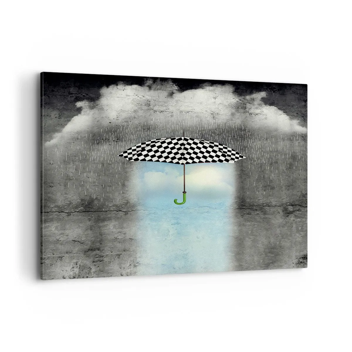 Impression sur toile - Image sur toile - Un parapluie à carreaux sur un paysage pluvieux - 100x70cm - Et pourtant c'est possible - Décoration murale moderne pour le salon et la chambre ARTTOR