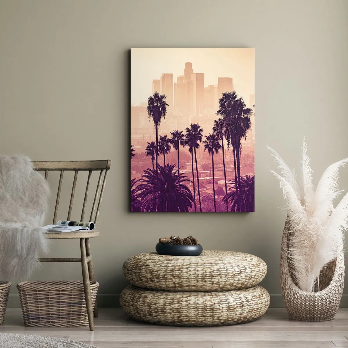 Impression sur toile - Image sur toile - Palmiers sur fond de paysage urbain aux couleurs chaudes - 80x120cm - Paysage californien - Décoration murale moderne pour le salon et la chambre ARTTOR