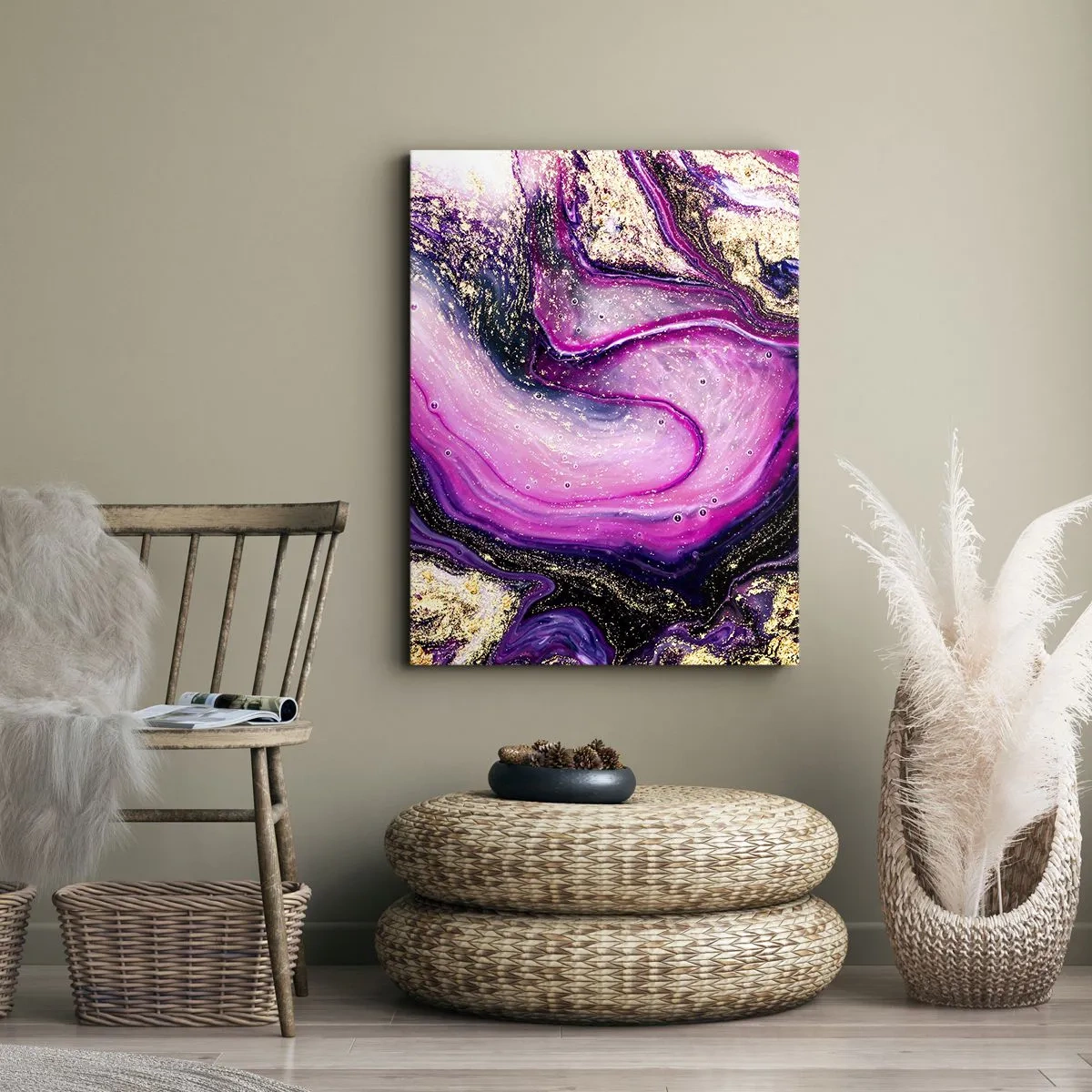 Impression sur toile - Image sur toile - Vagues abstraites dans des tons violets et dorés - 80x120cm - Un instant dans les coulisses - Décoration murale moderne pour le salon et la chambre ARTTOR