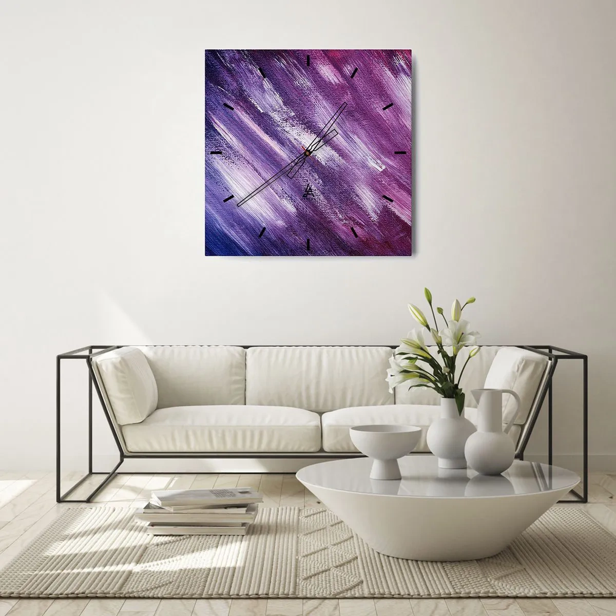 Horloge murale - Pendule murale - Coups de pinceau abstraits dans des tons de violet et de rose - 30x30cm - Quand le vent ensoleillé souffle - Décoration murale moderne pour le salon et la chambre ARTTOR