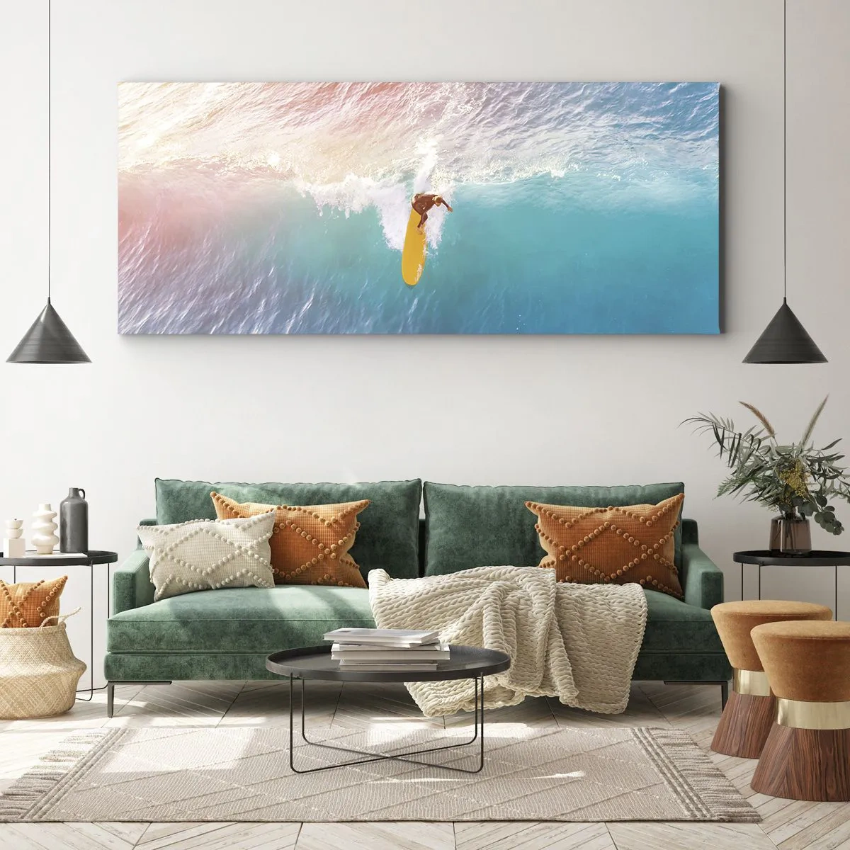 Impression sur toile - Image sur toile - Surfeur sur une vague aux couleurs pastel - 160x50cm - Le cavalier de l'océan - Décoration murale moderne pour le salon et la chambre ARTTOR