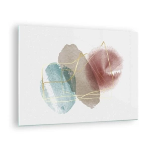 Impression sur verre - Image sur verre - Éclaboussures d'aquarelle abstraites et lignes dorées - 70x50cm - Coraux de l'espace - Décoration murale moderne pour le salon et la chambre ARTTOR