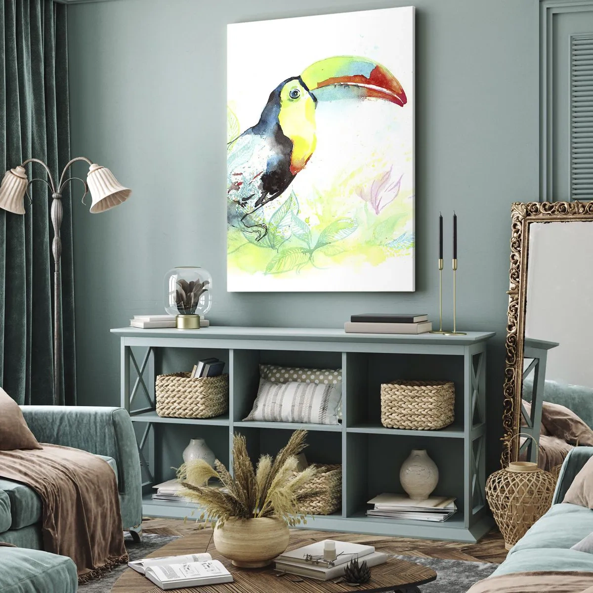 Impression sur toile - Image sur toile - Illustration à l'aquarelle d'un toucan sur fond tropical - 70x100cm - Aussi coloré que l'Amérique du Sud - Décoration murale moderne pour le salon et la chambre ARTTOR