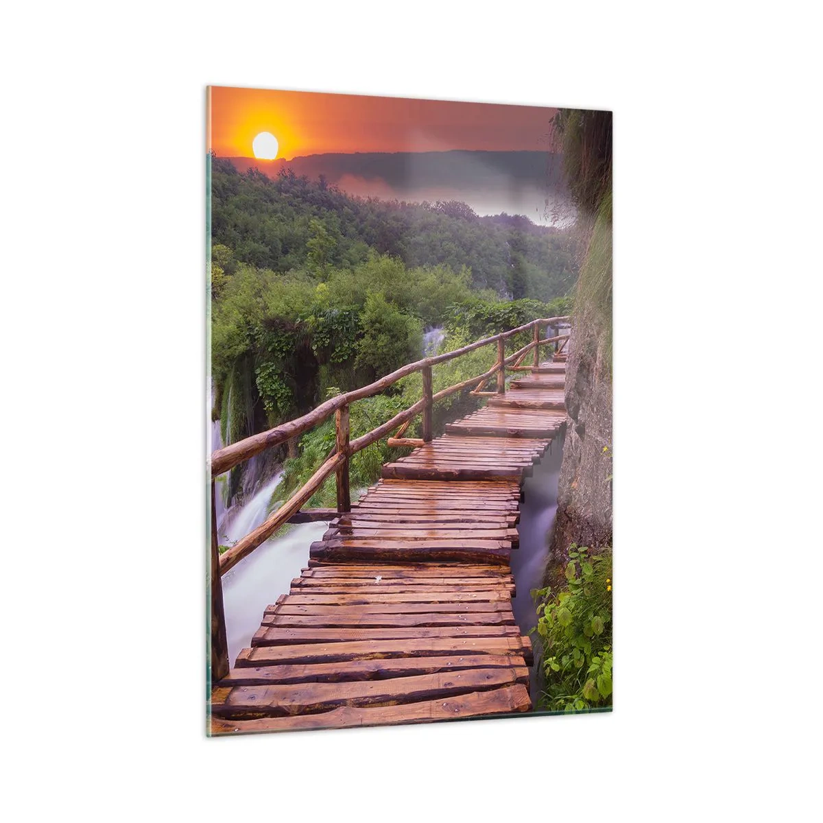 Impression sur verre - Image sur verre - Un chemin en bois parmi la verdure au coucher du soleil - 50x70cm - La beauté au-delà de la croyance - Décoration murale moderne pour le salon et la chambre ARTTOR