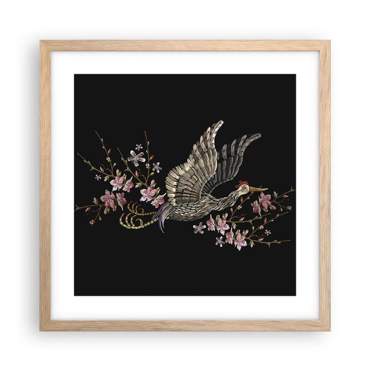 Affiche dans un chêne clair - Poster - Oiseau brodé exotique - 40x40 cm