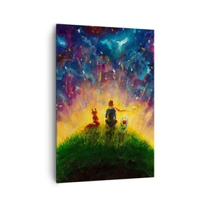 Impression sur toile - Image sur toile - Personnages sur une colline verdoyante entourée d'un ciel étoilé - 70x100cm - Amour et amitié - le monde entier - Décoration murale moderne pour le salon et la chambre ARTTOR