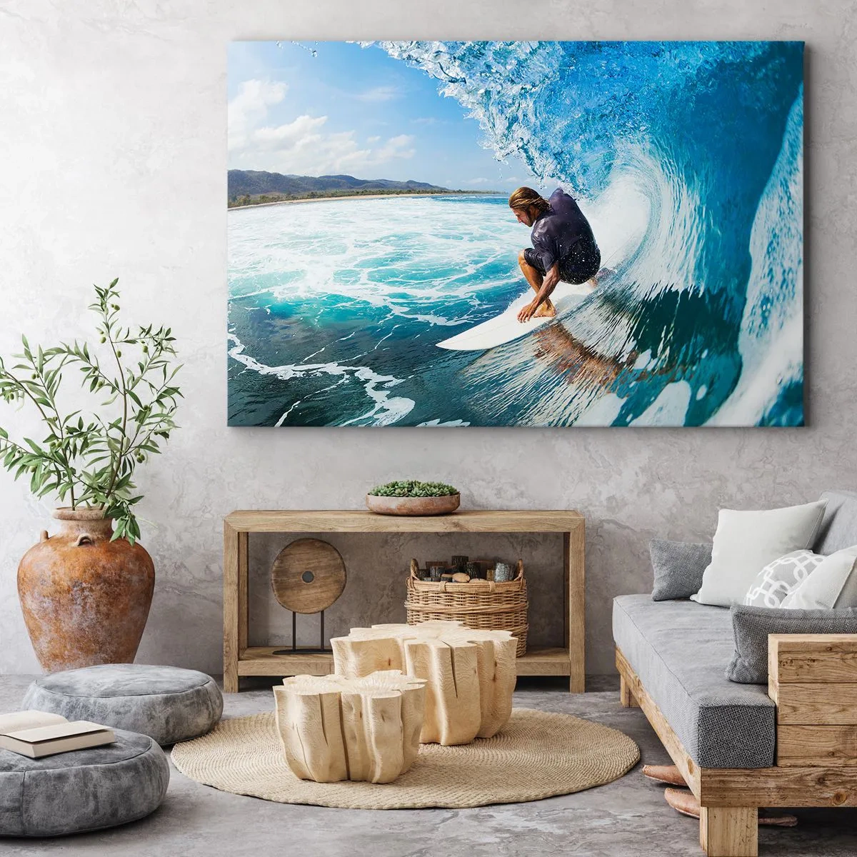 Impression sur toile - Image sur toile - Un surfeur dans une pose dynamique sur une vague dans une eau turquoise. - 100x70cm - Danse avec les vagues - Décoration murale moderne pour le salon et la chambre ARTTOR