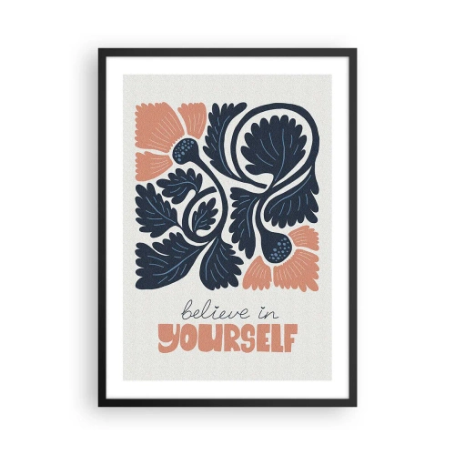 Affiche dans un cadre noir - Poster - Fleurs stylisées en bleu marine et rose avec une inscription inspirante - 50x70cm - Et tu t'épanouis - Décoration murale moderne pour le salon et la chambre ARTTOR