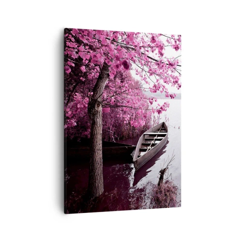 Impression sur toile - Image sur toile - Un bateau au bord d'un lac parmi des arbres roses - 50x70cm - Dans un silence rose - Décoration murale moderne pour le salon et la chambre ARTTOR