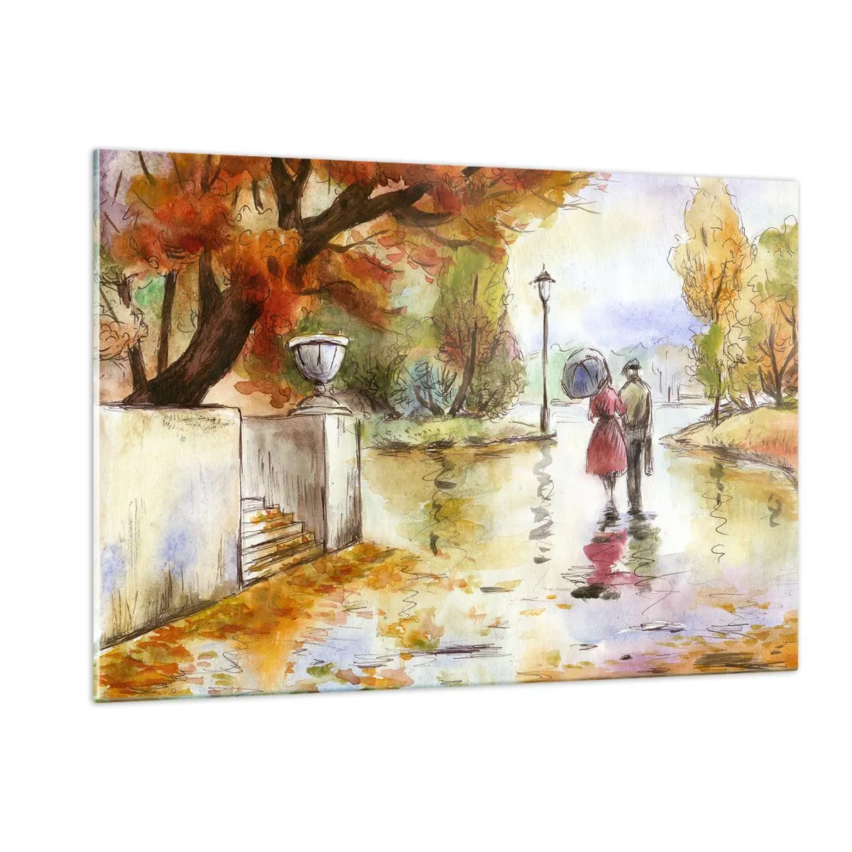 Impression sur verre - Image sur verre - Promenade d'automne d'un couple dans un parc aux feuilles colorées - 120x80cm - Automne romantique dans le parc - Décoration murale moderne pour le salon et la chambre ARTTOR