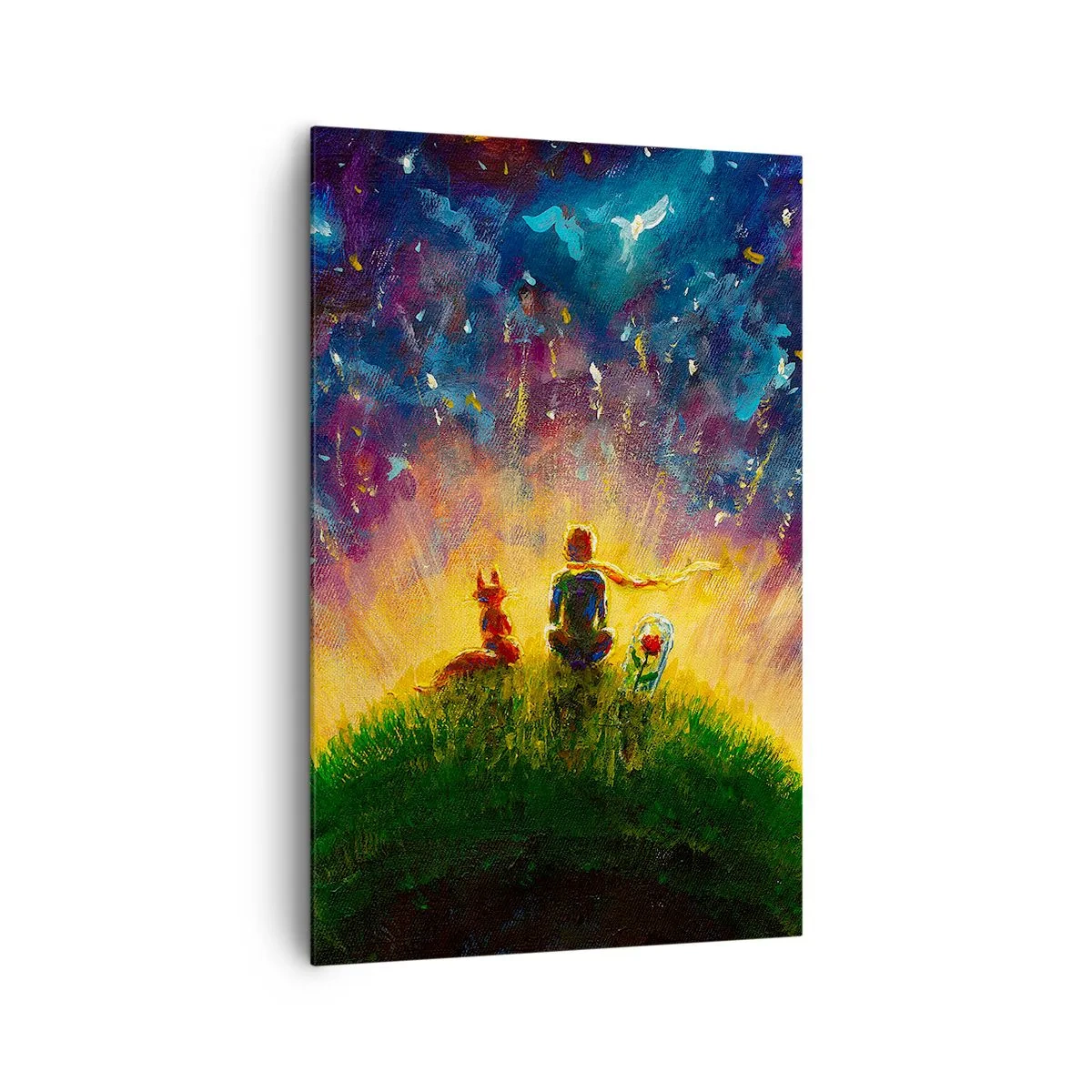 Impression sur toile - Image sur toile - Personnages sur une colline verdoyante entourée d'un ciel étoilé - 80x120cm - Amour et amitié - le monde entier - Décoration murale moderne pour le salon et la chambre ARTTOR