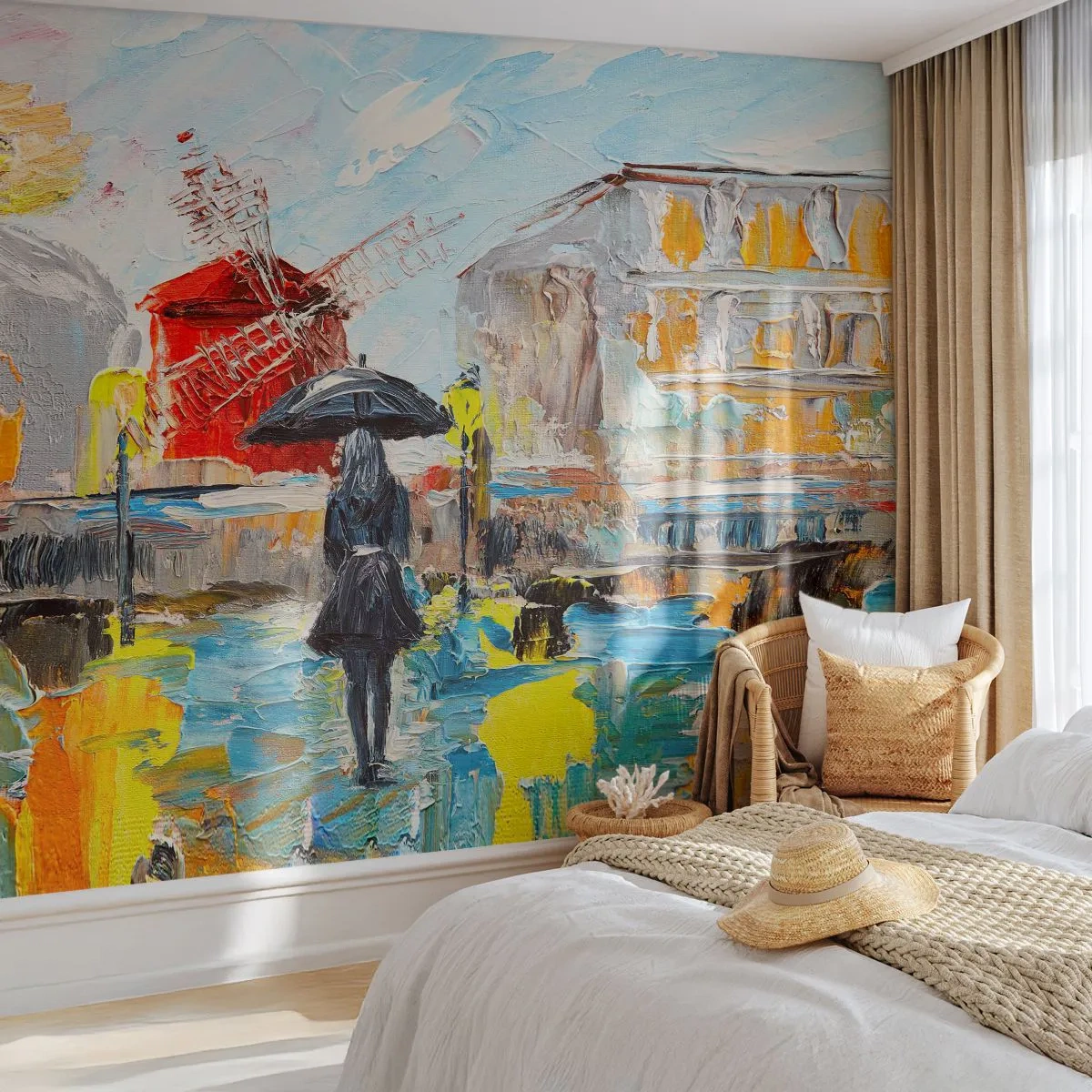 Papier Peint Photo Premium Canvas - Une scène pittoresque avec un parapluie sur fond de Paris aux couleurs vibrantes. - 100x70cm - Légende parisienne - Décoration murale moderne pour le salon et la chambre ARTTOR