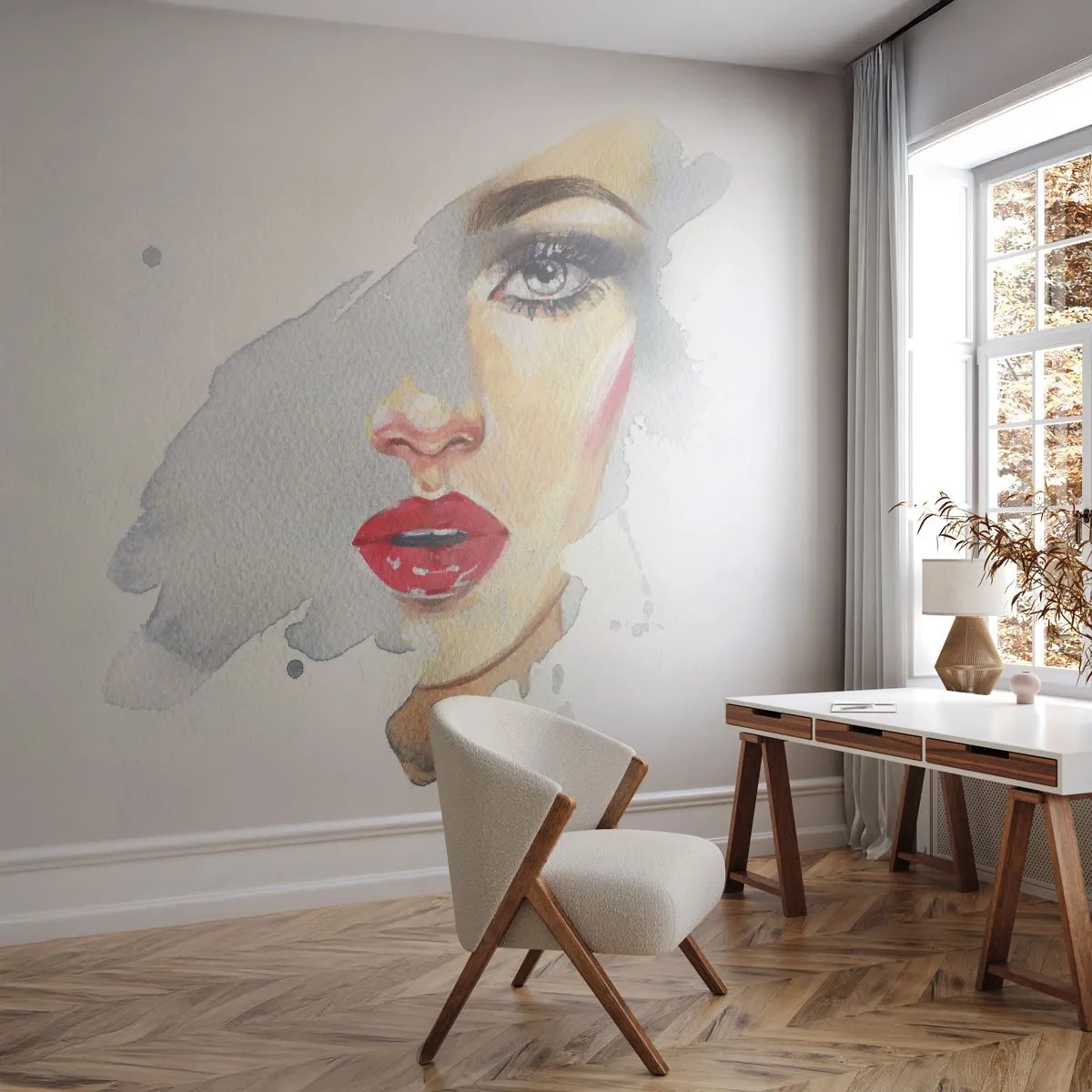 Papier Peint Photo Premium Canvas - Reflet dans une goutte d'eau - Visage de femme, Femme, lèvres rouges - 250x175 cm