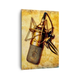 Impression sur toile - Image sur toile - Un microphone de studio doré sur un fond vintage aux tons chauds. - 70x100cm - Les années d'or de la radio - Décoration murale moderne pour le salon et la chambre ARTTOR