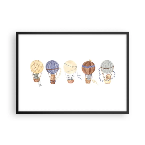 Affiche dans un cadre noir - Poster - Animaux mignons dans des ballons sur fond blanc - 70x50cm - Compagnons de voyage - Décoration murale moderne pour le salon et la chambre ARTTOR