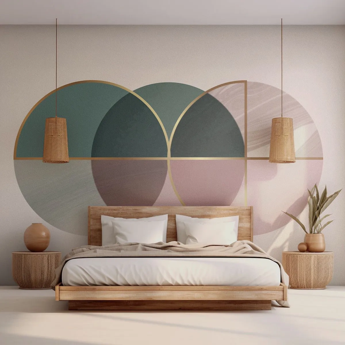 Papier Peint Photo Premium Sand - Composition géométrique de cercles dans les tons de vert et de beige - 100x70cm - Cercles après cercles - Décoration murale moderne pour le salon et la chambre ARTTOR