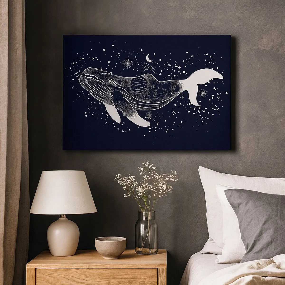 Impression sur toile - Image sur toile - Une illustration graphique d'une baleine dans un style de l'ère spatiale. - 70x50cm - Dans l'océan de l'univers - Décoration murale moderne pour le salon et la chambre ARTTOR