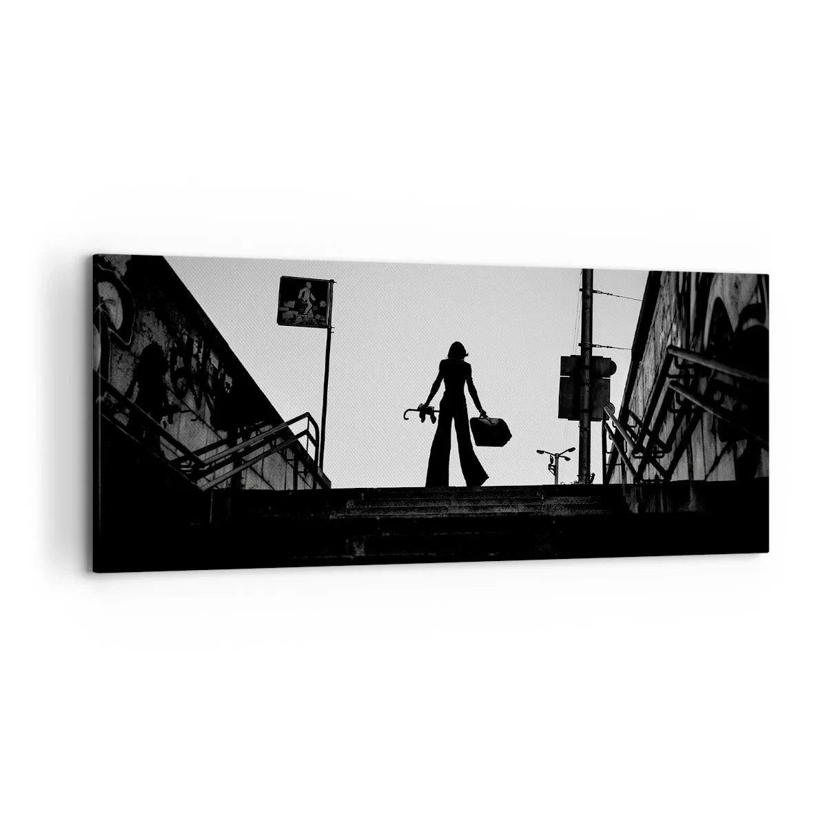 Impression sur toile - Image sur toile - Une figure de femme dans les escaliers en noir et blanc avec une atmosphère dynamique - 120x50cm - Pèlerinage urbain - Décoration murale moderne pour le salon et la chambre ARTTOR