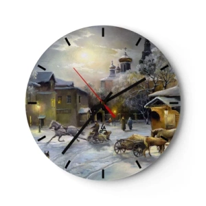 Horloge murale - Pendule murale - Paysage d'hiver avec des chevaux et une église en arrière-plan - 30x30cm - La magie de l'hiver russe - Décoration murale moderne pour le salon, la cuisine et la chambre ARTTOR