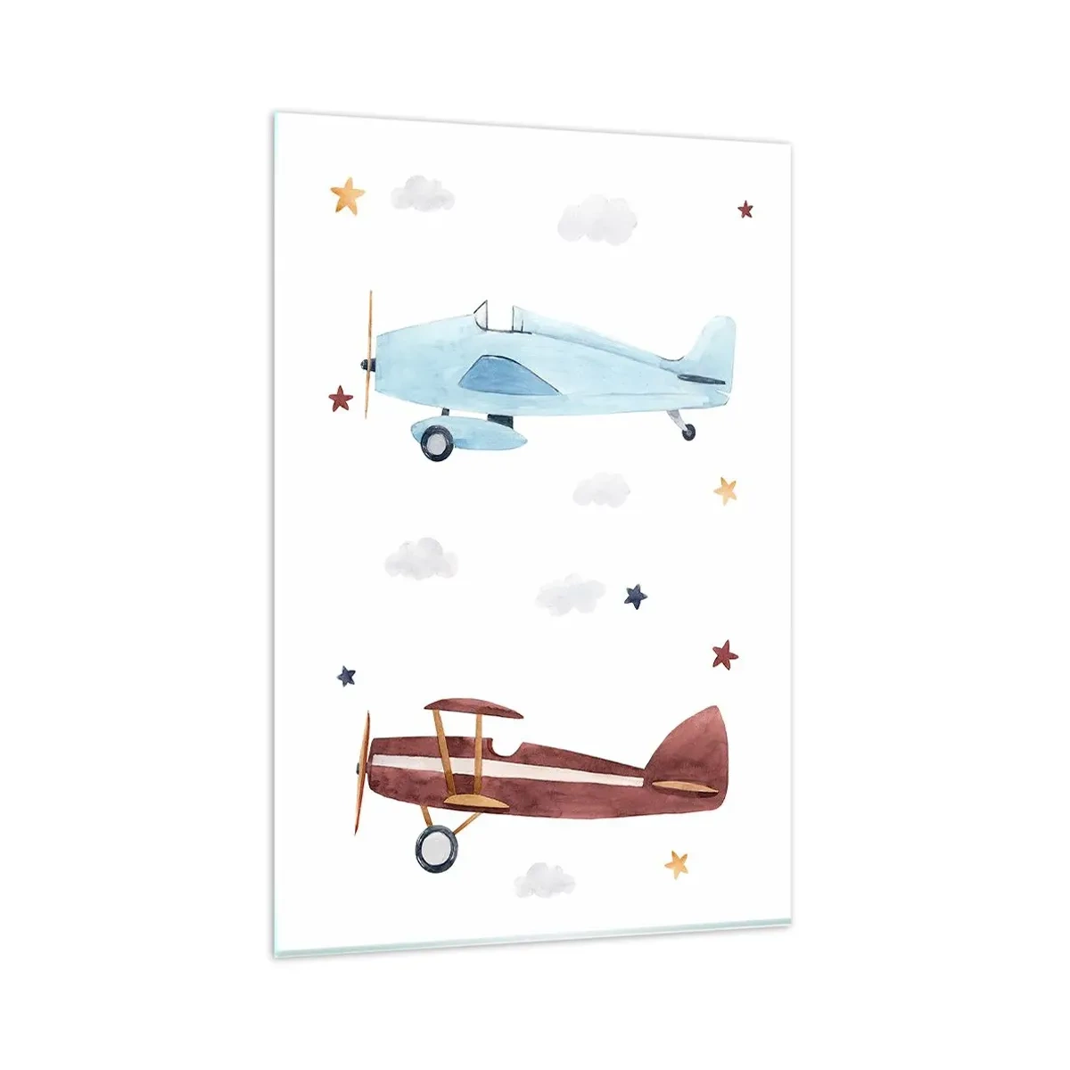 Impression sur verre - Image sur verre - Avions peints à la main sur fond de nuages et d'étoiles - 80x120cm - Monsieur le pilote, nous vous attendons ! - Décoration murale moderne pour le salon et la chambre ARTTOR