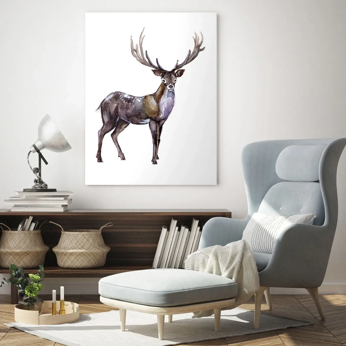 Impression sur verre - Image sur verre - Illustration à l'aquarelle d'un cerf aux bois majestueux - 70x100cm - Roi de la forêt du nord - Décoration murale moderne pour le salon et la chambre ARTTOR