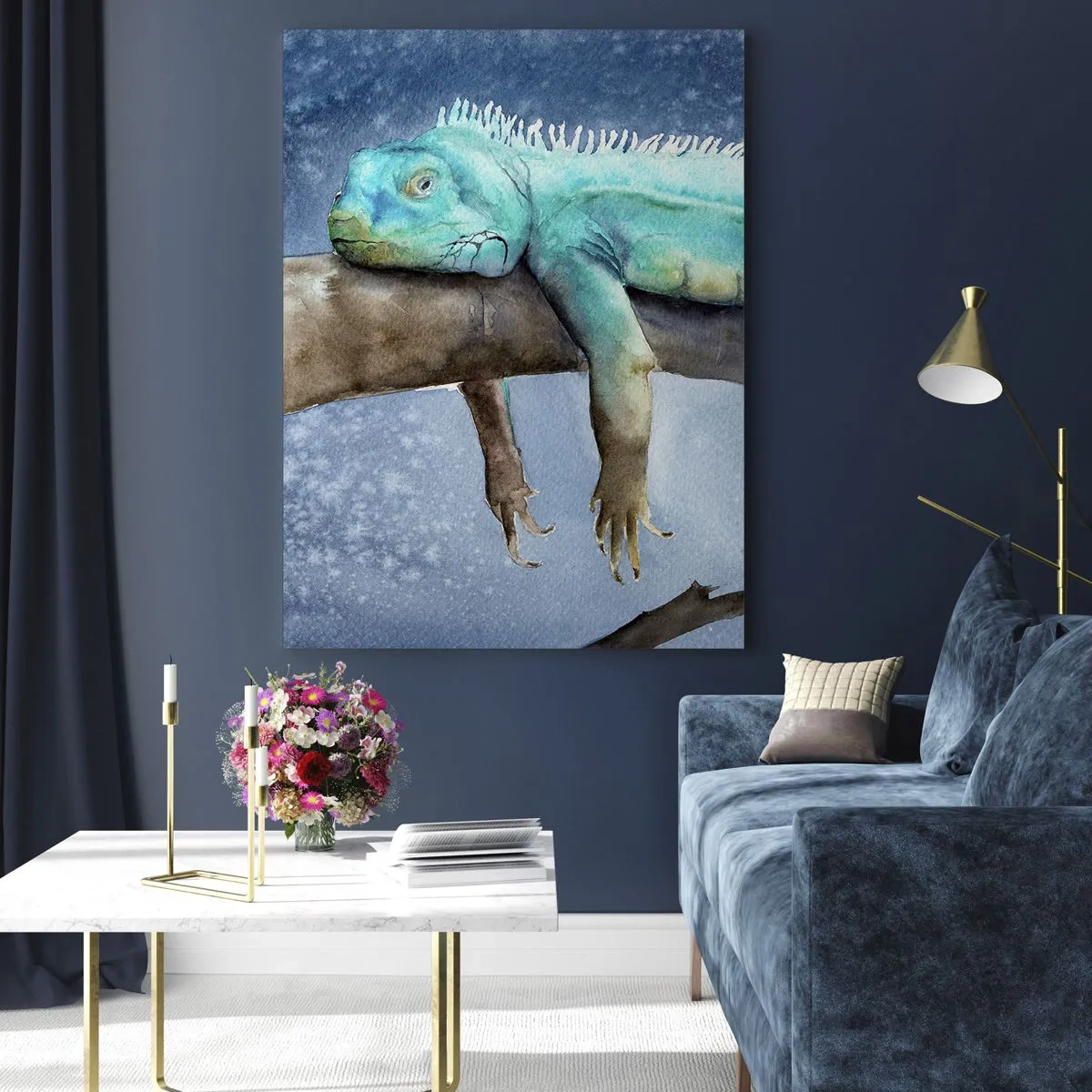 Impression sur verre - Image sur verre - Iguane bleu couché sur une branche dans un style aquarelle - 50x70cm - Tout va bien! - Décoration murale moderne pour le salon et la chambre ARTTOR