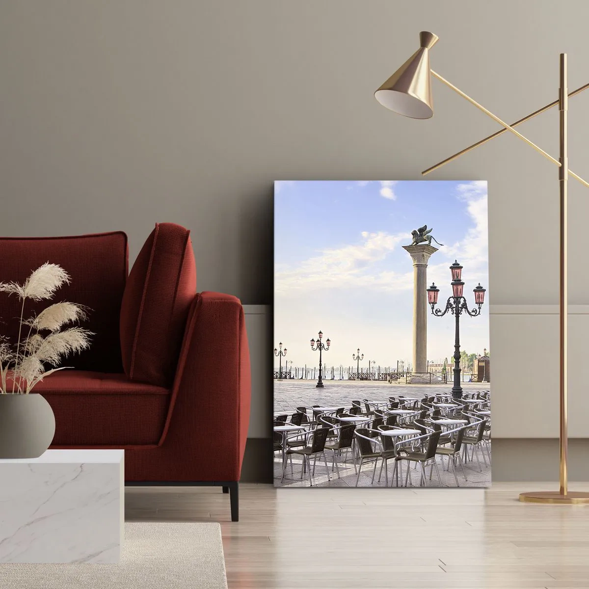 Impression sur toile - Image sur toile - Venise, vue de la place avec des colonnes et des tables de café - 50x70cm - Nous vous invitons, tout est prêt - Décoration murale moderne pour le salon et la chambre ARTTOR