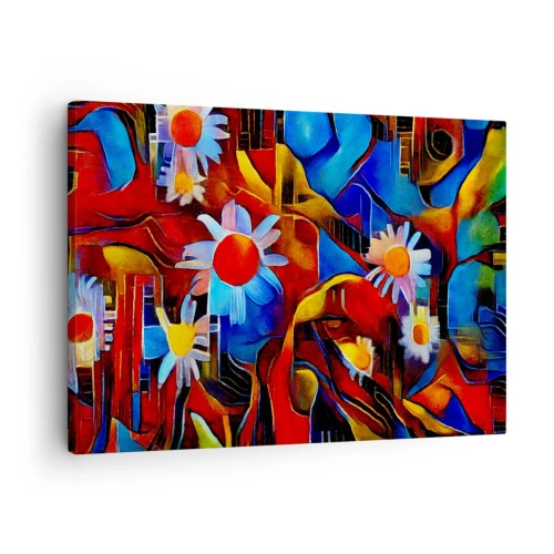 Impression sur toile - Image sur toile - Fleurs abstraites sur fond de motifs géométriques - 70x50cm - Les couleurs de la vie - Décoration murale moderne pour le salon et la chambre ARTTOR