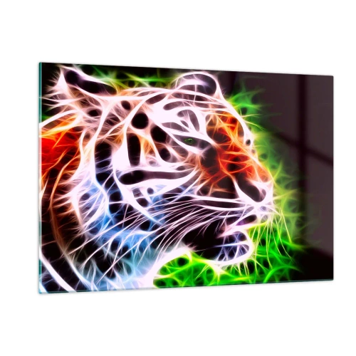 Impression sur verre - Image sur verre - Un tigre aux couleurs néon et lumineuses - 120x80cm - L'aura dangereux - Décoration murale moderne pour le salon et la chambre ARTTOR
