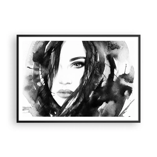 Affiche dans un cadre noir - Poster - Portrait de femme à l'aquarelle noir et blanc - 100x70cm - Portrait d'une dame en noir et blanc - Décoration murale moderne pour le salon et la chambre ARTTOR