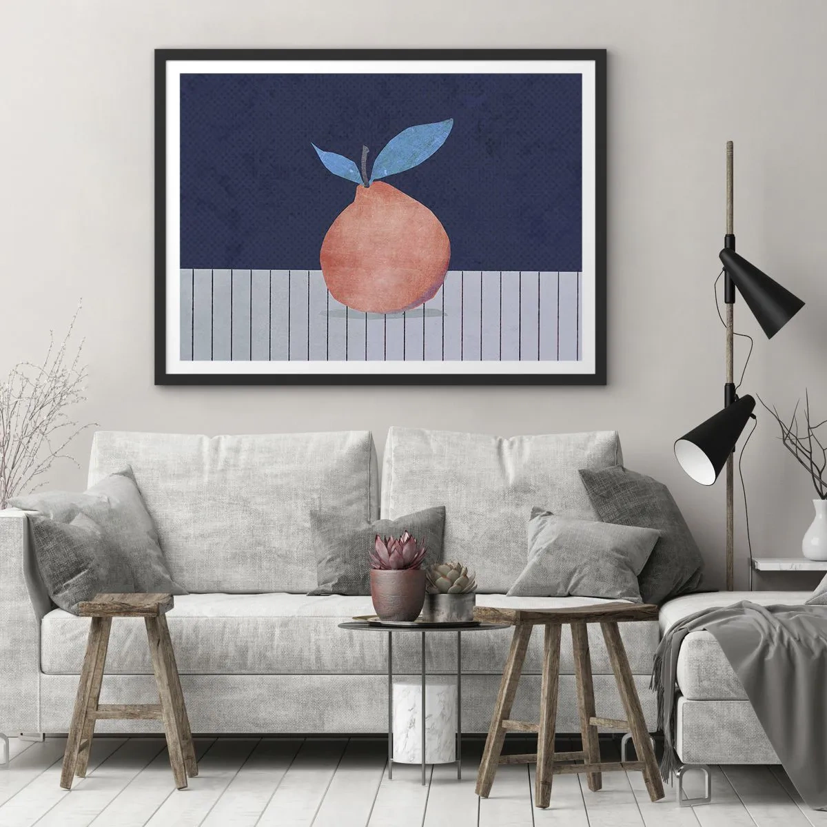 Affiche dans un cadre noir - Poster - Fruit abstrait sur fond de couleurs contrastées et de lignes droites. - 100x70cm - Convexité et plan - Décoration murale moderne pour le salon et la chambre ARTTOR